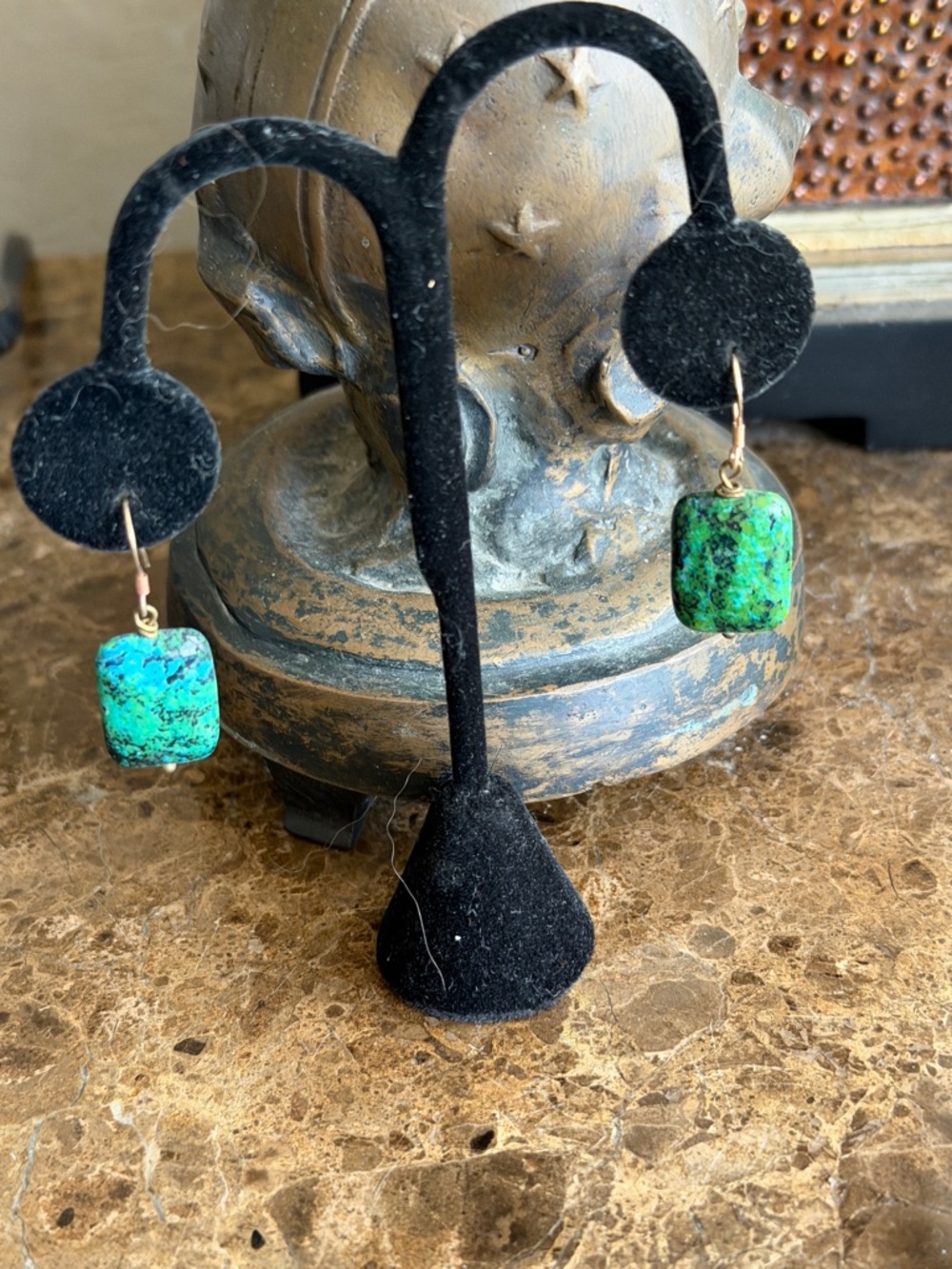 Green and blue semi precious  Stone Drop Earrings pierced artisan made
